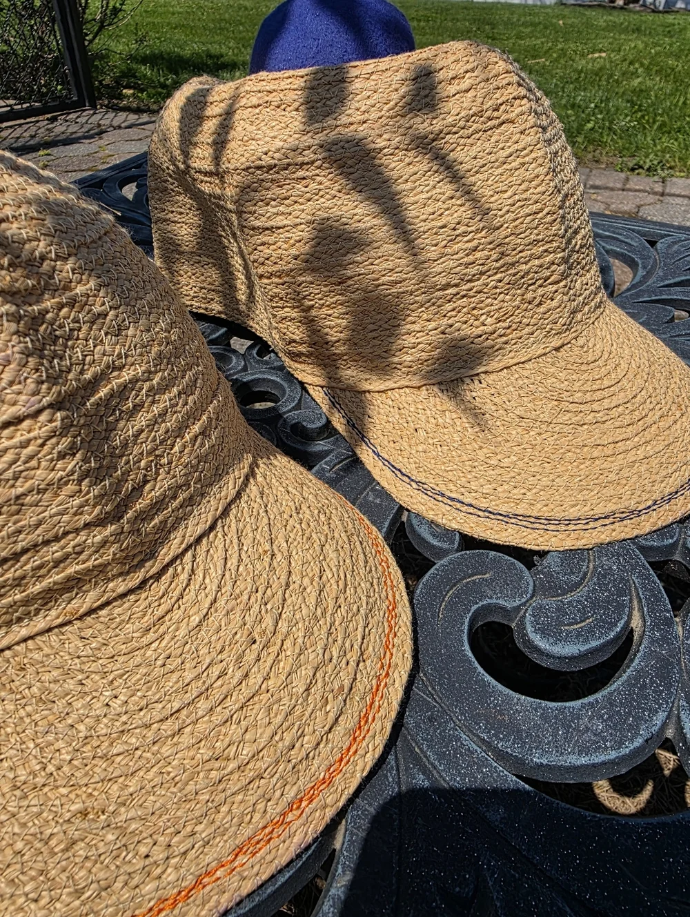 2 Lola Hats Straw Baseball Caps with Colorful Pom-Poms - Orange & Blue